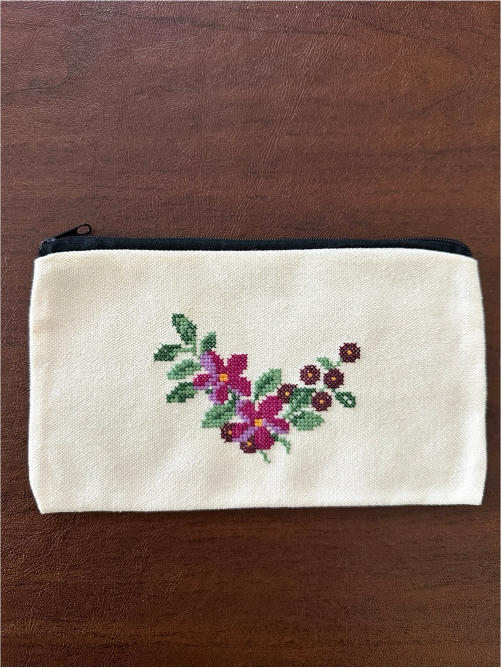 Floral Embroidered Cream Canvas Zip Pouch